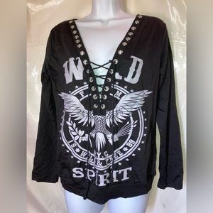 XL Wild and Free Black Long Sleeve Lace Up V Neck Top